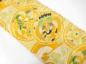 アンティーク　鶴に鳳凰・扇模様織り出し丸帯（材料）